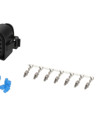 The AGCO | Disconnection Point - F339900950050 electrical connector kit includes a black multi-pin plug, several blue plastic caps, and a precisely designed strip of metal terminal pins.