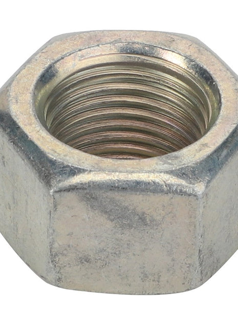 Close-up of an AGCO | Nut - Acp0300920, a metallic hexagonal nut with internal threading, commonly used for fastening applications in conjunction with a bolt.