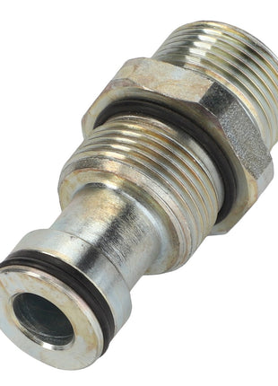 Close-up of the AGCO | UNION - AL521684, a metal hydraulic fitting with threaded ends and an O-ring seal, engineered for high-pressure fluid connections.