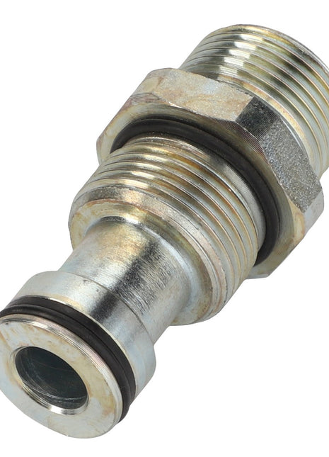 Close-up of the AGCO | UNION - AL521684, a metal hydraulic fitting with threaded ends and an O-ring seal, engineered for high-pressure fluid connections.