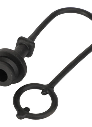 The AGCO | CAP - AL5034111 by AGCO is a durable black rubber dust cover cap with an attached retaining loop for secure fit and easy handling.