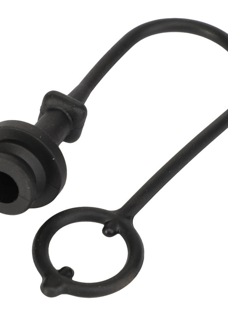 The AGCO | CAP - AL5034111 by AGCO is a durable black rubber dust cover cap with an attached retaining loop for secure fit and easy handling.