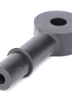 A sleek black cylindrical plastic object with a ring encircling its middle and a hole running through its length, resembling the AGCO | CONNECTING LINK - AG522813 by AGCO, which looks like a pipe fitting or connector.