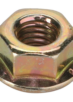Close-up of the AGCO Nut - Va022086, a metallic hex nut with an integrated washer, expertly crafted for fastening applications. No product description available.