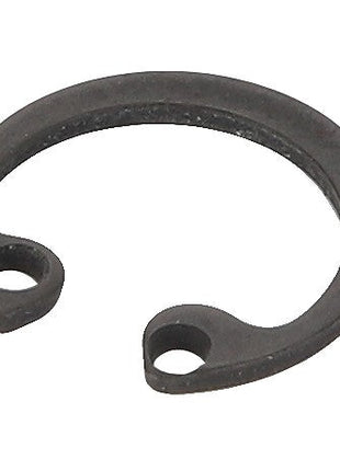 Close-up of the AGCO | CIRCLIP - D42510600, a black circular retaining ring with two small holes, designed by AGCO to securely fasten components on a shaft or within a housing.