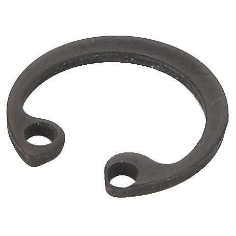 Close-up of the AGCO | CIRCLIP - D42510600, a black circular retaining ring with two small holes, designed by AGCO to securely fasten components on a shaft or within a housing.