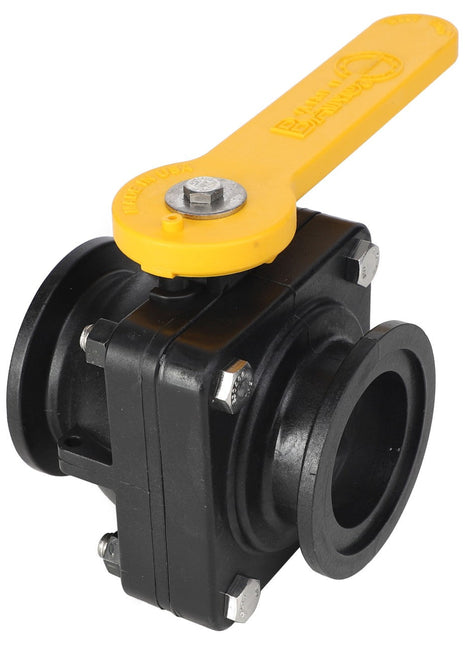 The AGCO | VALVE - AG426518, a black plastic butterfly valve with a yellow handle and a series of bolts securing its structure, is perfect for use with manifold flange connections.