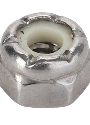 Close-up image of an AGCO | Locknut - Acp0006370, also known as a nylock nut. This stainless steel hardware piece ensures secure and reliable fastening.