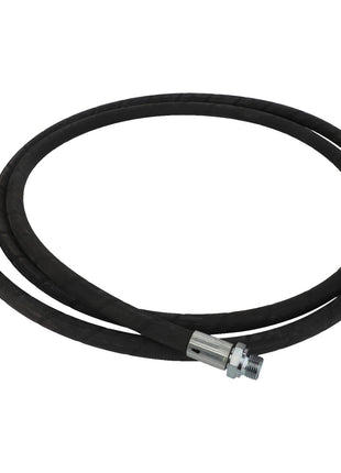 The AGCO | HYDRAULIC HOSE - AL9032340, a black rubber hose equipped with metal connectors at both ends, coiled in a loop. No current product description available.