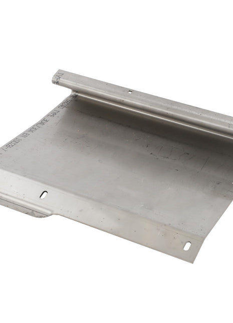 A rectangular piece of metal, known as the AGCO DEFLECTOR - D46150531, with a folded edge and several small holes on one end, laid flat on a white background. Currently, no product description information is available for this item.