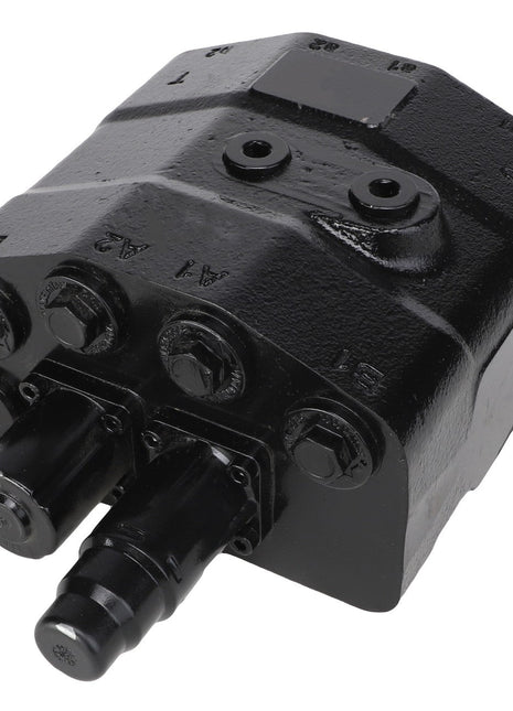 The AGCO | DISTRIBUTOR - AL521622 is a rugged black hydraulic steering control unit featuring multiple ports and connectors, designed for seamless integration in heavy machinery or industrial equipment.