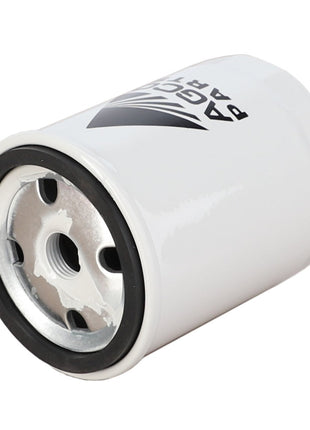 An AGCO Fuel Filter Spin On - Acp0138430, featuring a cylindrical metal design with a white exterior, black rim, and bold printed black markings on the side.