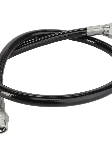 The AGCO Air Compressor Hose - Acw1930780 is a black braided hose with metal fittings at both ends, coiled into a loose loop. The fittings appear to be standard connections for fluid transfer applications. Please note that no current product information is available regarding this specific item.