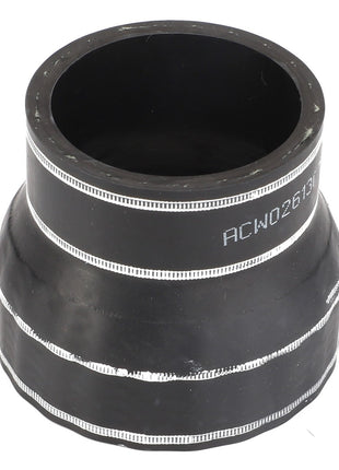 Unfortunately, there is no available product description for the AGCO Hose - Acw0261300. This black rubber coupling with white markings is used for joining pipes in plumbing or HVAC systems, featuring a top diameter that is wider than the bottom.