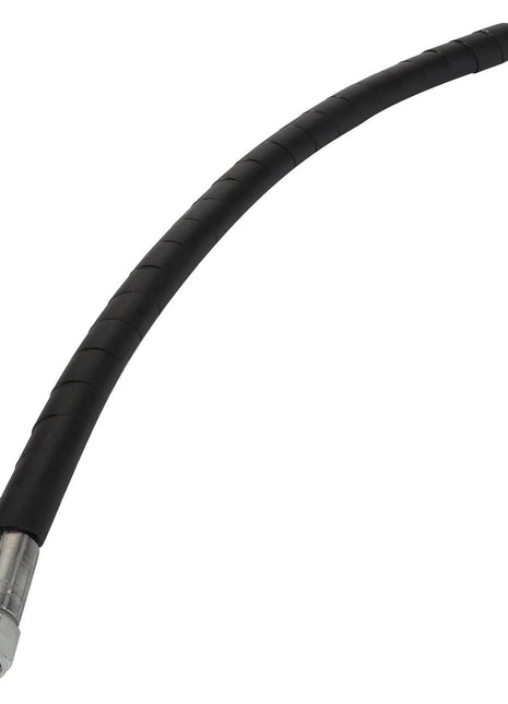 An expertly coiled AGCO Hydraulic Hose - Acw4255600, featuring a flexible black design with metal connectors on both ends, forming a slight arc.