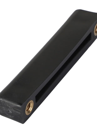 Our AGCO | SLIDER - AG137811 product is a sleek, black rectangular hardware component with rounded edges. It features two brass-colored threaded inserts and a central slot. Please note: No current product description information is available.