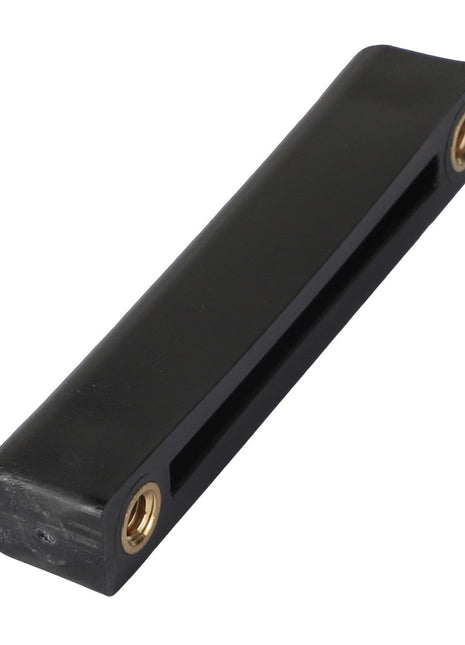 Our AGCO | SLIDER - AG137811 product is a sleek, black rectangular hardware component with rounded edges. It features two brass-colored threaded inserts and a central slot. Please note: No current product description information is available.