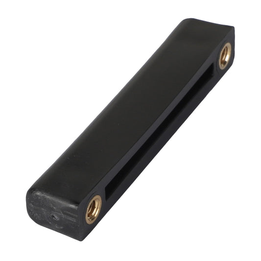 Our AGCO | SLIDER - AG137811 product is a sleek, black rectangular hardware component with rounded edges. It features two brass-colored threaded inserts and a central slot. Please note: No current product description information is available.