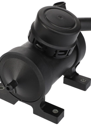 The AGCO | Ccv Filter - Acw2280710 by AGCO is a durable black plastic automotive component featuring a cylindrical body and multiple attachment points, expertly mounted on two robust black rectangular bases.