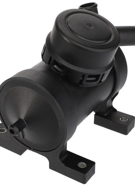 The AGCO | Ccv Filter - Acw2280710 by AGCO is a durable black plastic automotive component featuring a cylindrical body and multiple attachment points, expertly mounted on two robust black rectangular bases.