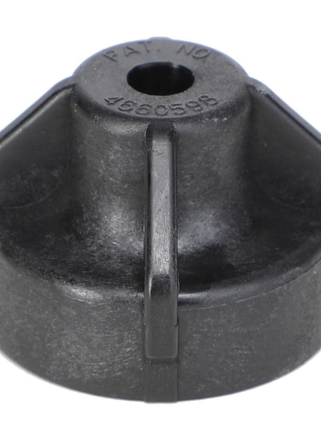 The AGCO Cap - Ag006553 is a black plastic knob with ridges, featuring a central hole and the text "PAT. NO 4660598" etched on its surface. No current product description available.