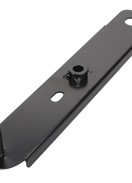 The AGCO Light Support - Acw065338A is a robust black metal bracket featuring a threaded bolt on one end, a hole on the other, and a small welded cylindrical component near the center.