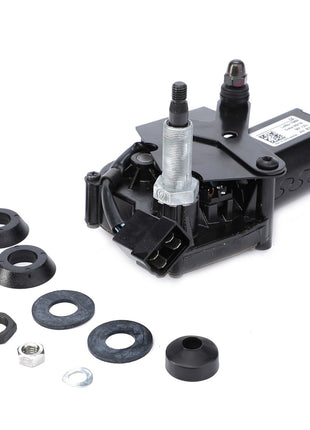 A black AGCO | Wiper Motor, Rear Window - Acw0332650 is displayed with several washers, nuts, and pieces of hardware arranged around it. The attention to detail ensures safety and visibility.