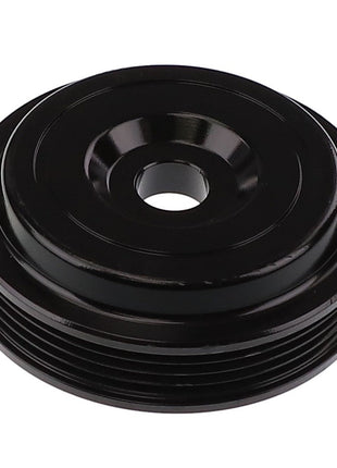 A black, round, metallic threaded component with a central hole is presented. Product information: AGCO | Water Pump Multi-Ribbed Pulley - Acw3190300 by AGCO.