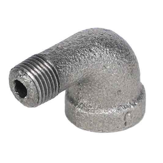 The AGCO | ELBOW FITTING - AG555401 by AGCO is a metal pipe elbow fitting designed for connecting two pipes at a 90-degree angle, featuring a threaded end on one side and a smooth connection on the other.
