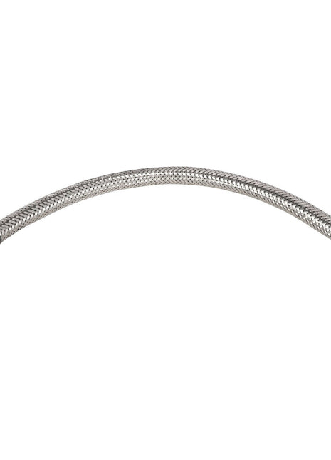 The AGCO Fuel Pipe - Acp0384800 is a curved, flexible, metal-braided hose featuring black fittings on both ends. It is perfect for plumbing or automotive applications, delivering exceptional durability and reliability.