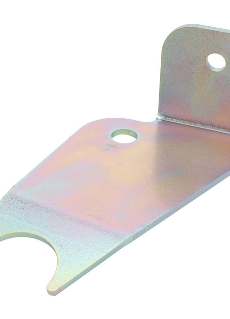 The AGCO | Axle Plate - Acw4986440 is a flat, metallic bracket featuring a curved notch on one end and two mounting holes. This AGCO axle plate also has a slight bend near the end with the hole.