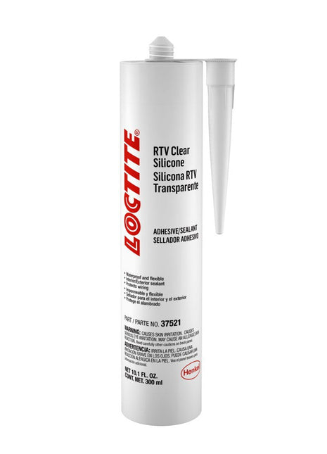 A white tube of AGCO | Loctite® RTV Clear Silicone, 300 mL Cartridge, US Only - ACP0038890 with a nozzle. The label lists its product specifications and information. For any questions, please contact our support team.
