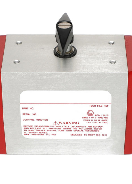 The AGCO | VALVE - AG331615 is a metallic industrial device equipped with red end caps and a black rotating lever on top. The front displays a label detailing specifications and includes a warning notice about disassembly and maintenance. Please note, no additional product description information is available at this time.