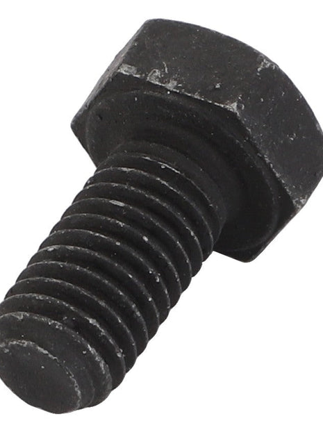 Close-up of the AGCO Bolt - Acp0320820, a sturdy black, hexagonal-headed bolt with a threaded shaft, designed for securely fastening materials together.