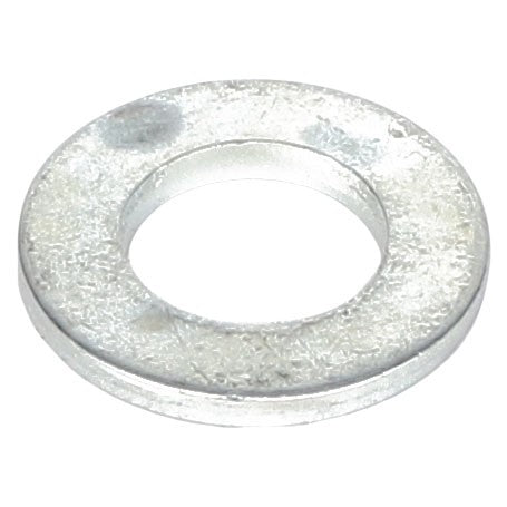 The AGCO FLAT WASHER - AL5013101 is a metallic flat washer featuring a circular shape and a precisely machined hole in the center.