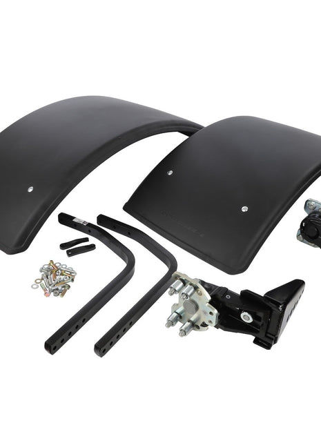 The AGCO Front Mudguard Kit - Acw090173A includes a set of black, curved truck fenders with mounting hardware, such as bolts, brackets, and two adjustable supports.