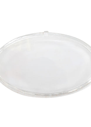 An empty, clear glass or plastic round petri dish with an AGCO | Lamp Lens, Work Light - Acp0246970 lid on a white background.