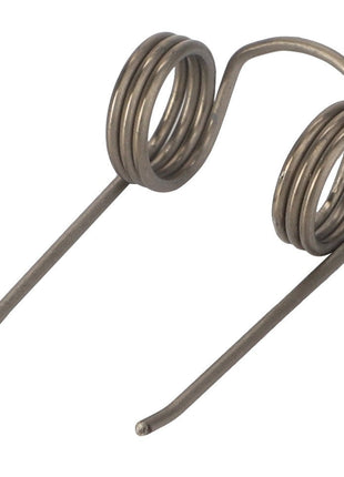 The AGCO | Leg Spring - F258872051040 by AGCO is a metal torsion spring with two coils and extended arms, making it ideal for applications requiring precise tension.