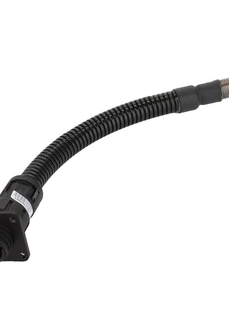 The AGCO Speed Sensor Reel Arm (D28781016) is a flexible, black electrical connector with multiple pins and a corrugated sheath. It features a mounted bolt and nut assembly at one end. No current product description information is available.