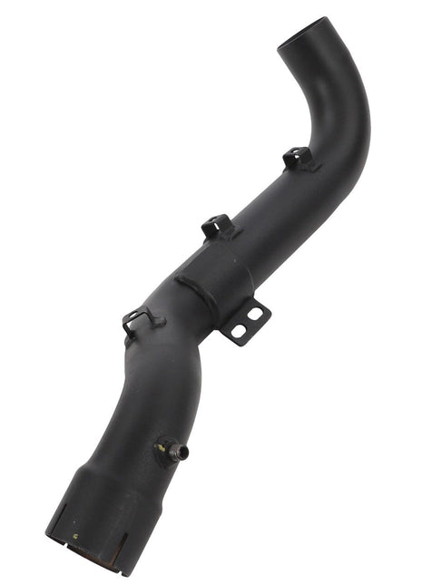 The AGCO Exhaust Pipe - Acp0330860 is a black, curved metal exhaust pipe featuring multiple mounting points and an installation bracket, although there is no current product description available.