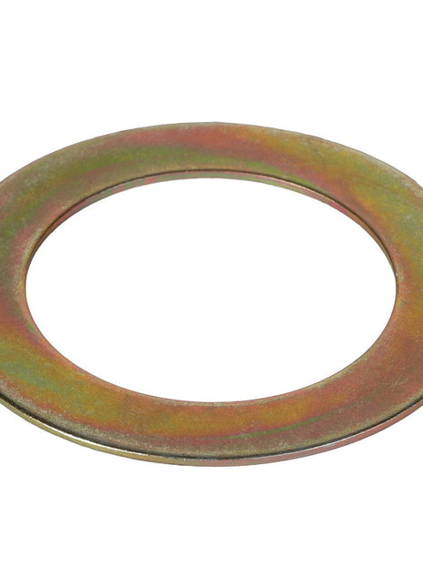 The AGCO | FLAT WASHER - K3296, a product by AGCO, is a metallic washer with a circular shape and a central hole. Its surface features a slightly rusted, multi-colored appearance. No additional product description information is available.