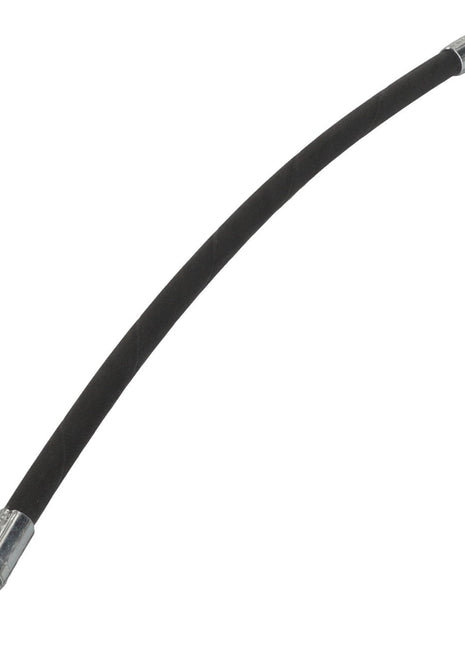 The AGCO | Hydraulic Hose - Acw1714030 from AGCO is a black flexible hose with reinforced metal connectors on both ends, ideal for fluid or gas transfer.