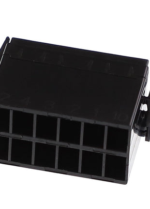 The AGCO | SWITCH CONNECTOR - AG124436 is a black 12-pin plastic electrical connector equipped with two locking clips on the sides. Unfortunately, no additional product description information is available at this time.