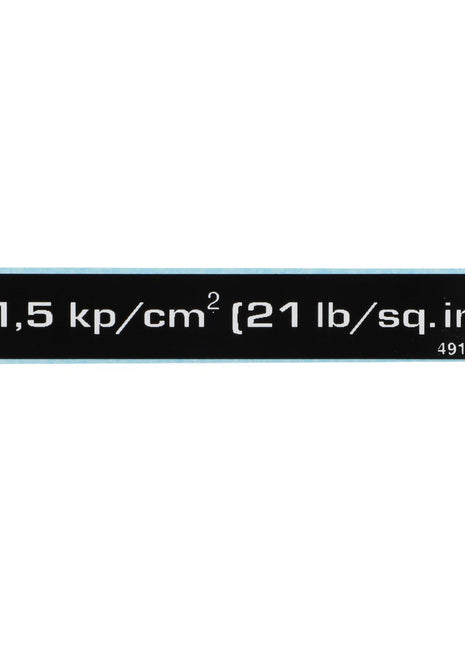 A sleek black label featuring crisp white text reads "1,5 kp/cm² (21 lb/sq.in)" with the number "D49105600" neatly positioned in the corner. The product is identified as an AGCO | DECAL - D49105600 under the brand name AGCO.