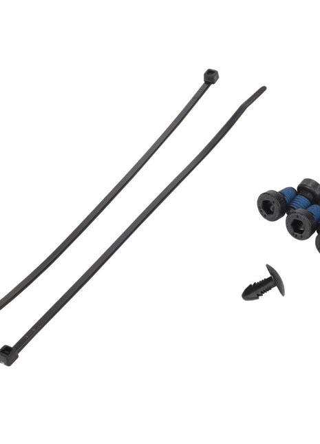 An image of the AGCO | SMALL PARTS KIT - F931502030480, featuring two black zip ties, three black and blue screws, and one black plastic fastener. No current product description information is available.
