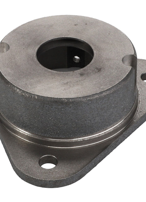 Introducing the AGCO Bearing Housing - D26747167, a robust metal housing featuring a central hole, two bolt holes, and a triangular base.