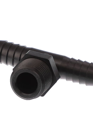 The AGCO | TEE FITTING - AG727455 is a black plastic hose connector with a T-shaped design, featuring a threaded end and two barbed ends for tubing connections. (No current information available on other sizes.)