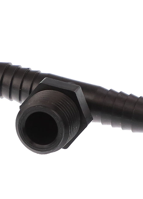 The AGCO | TEE FITTING - AG727455 is a black plastic hose connector with a T-shaped design, featuring a threaded end and two barbed ends for tubing connections. (No current information available on other sizes.)
