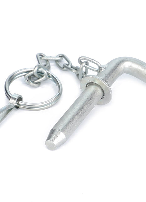 Introducing the AGCO Lock Pin, Lower Links - V30344210: a metal safety pin with a bent handle attached to a chain and a round split ring, featuring a quick-release snap hook for effortless lower link positioning adjustment.