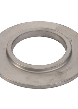 The AGCO Disc - F184108080374, featuring a circular metal flange with a large central hole, is viewed from an overhead perspective to highlight its sleek and precise design.